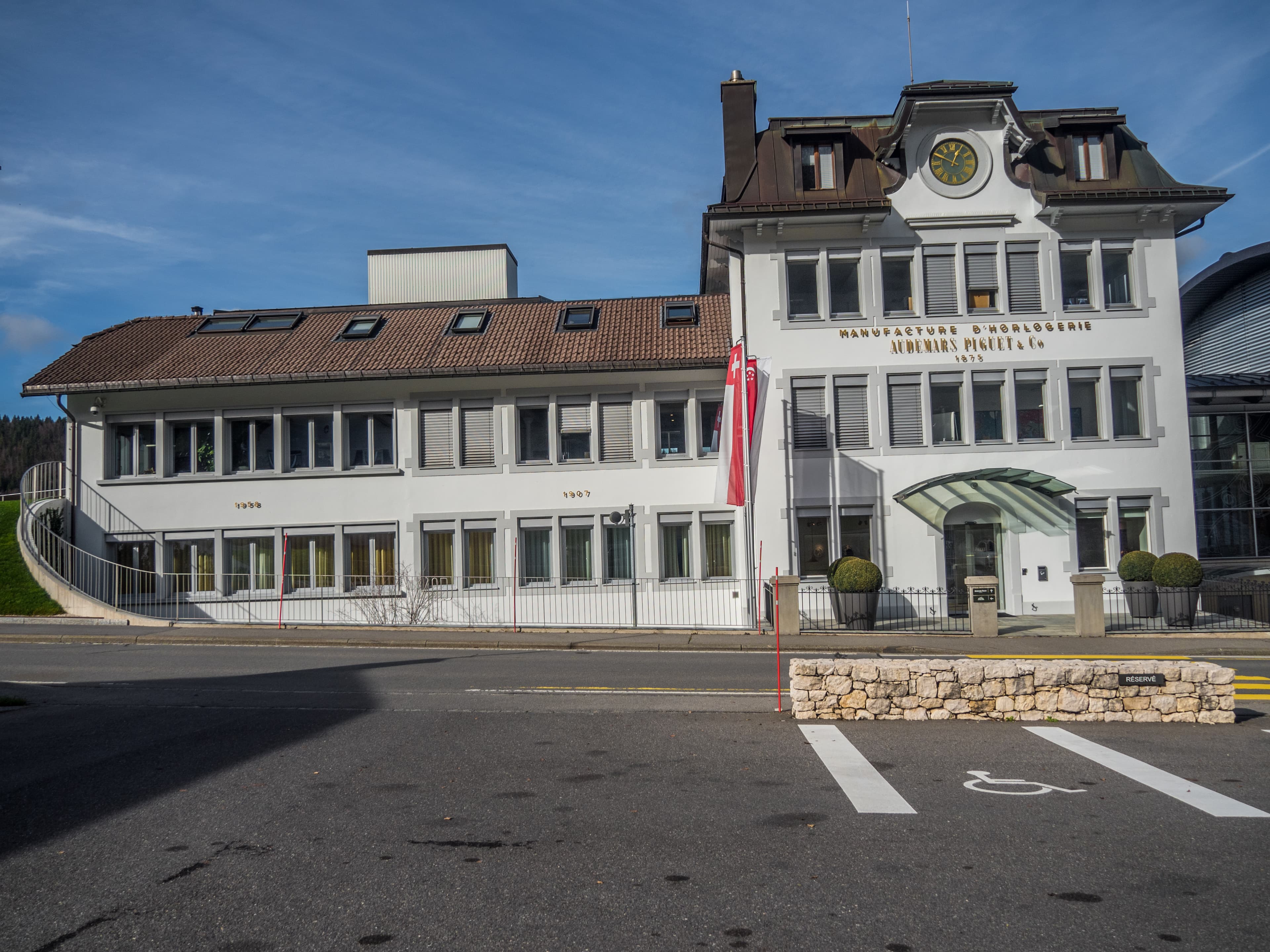 The historic Audemars Piguet manufacture and spiral Musée Atelier in Le Brassus, Vallée de Joux