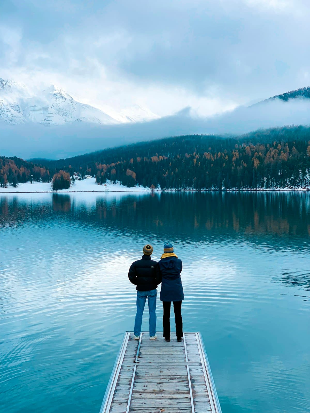 Snow-covered Engadin valley at sunset, viewed from Muottas Muragl