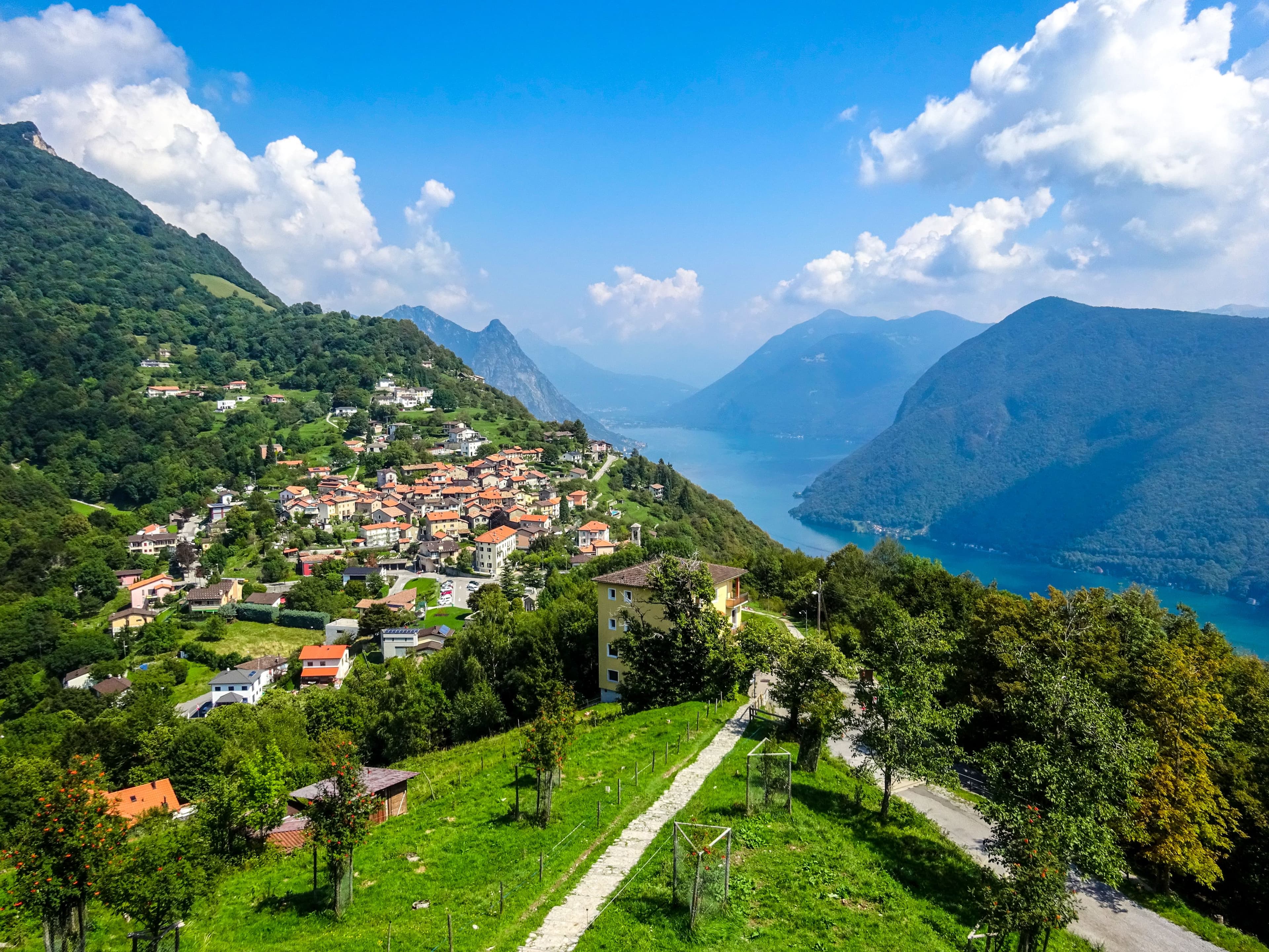 Village on top of green mountain in Ticino